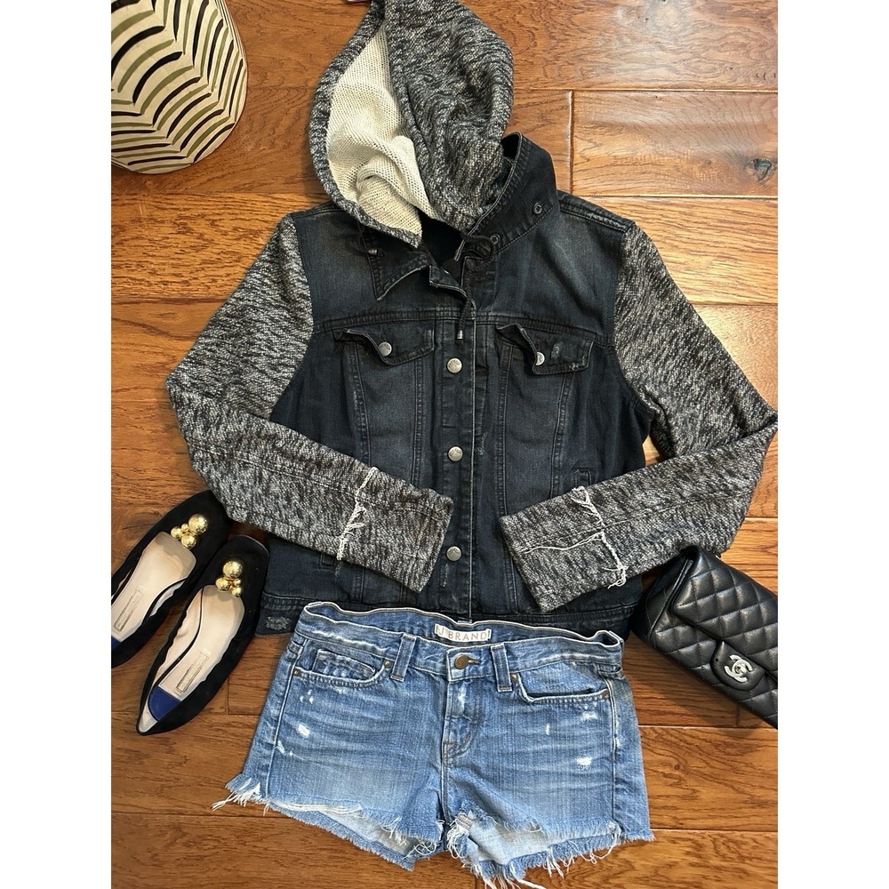 Free People Distressed Denim Jacket With Knit Sleeves And Hoodie Pre-owned